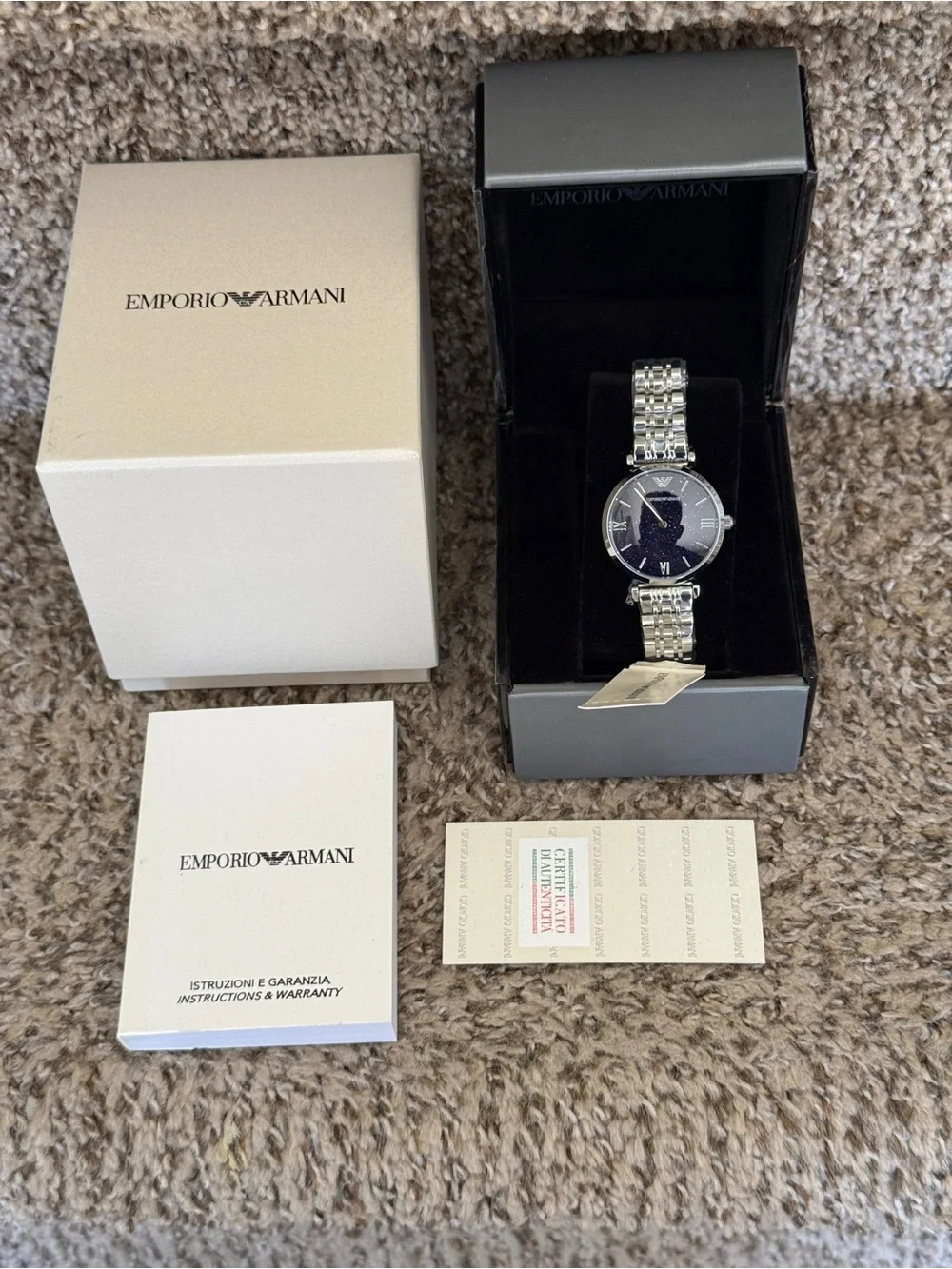 Emporio Armani women’s Silver Bracelet Watch with Sparkling Navy Dial